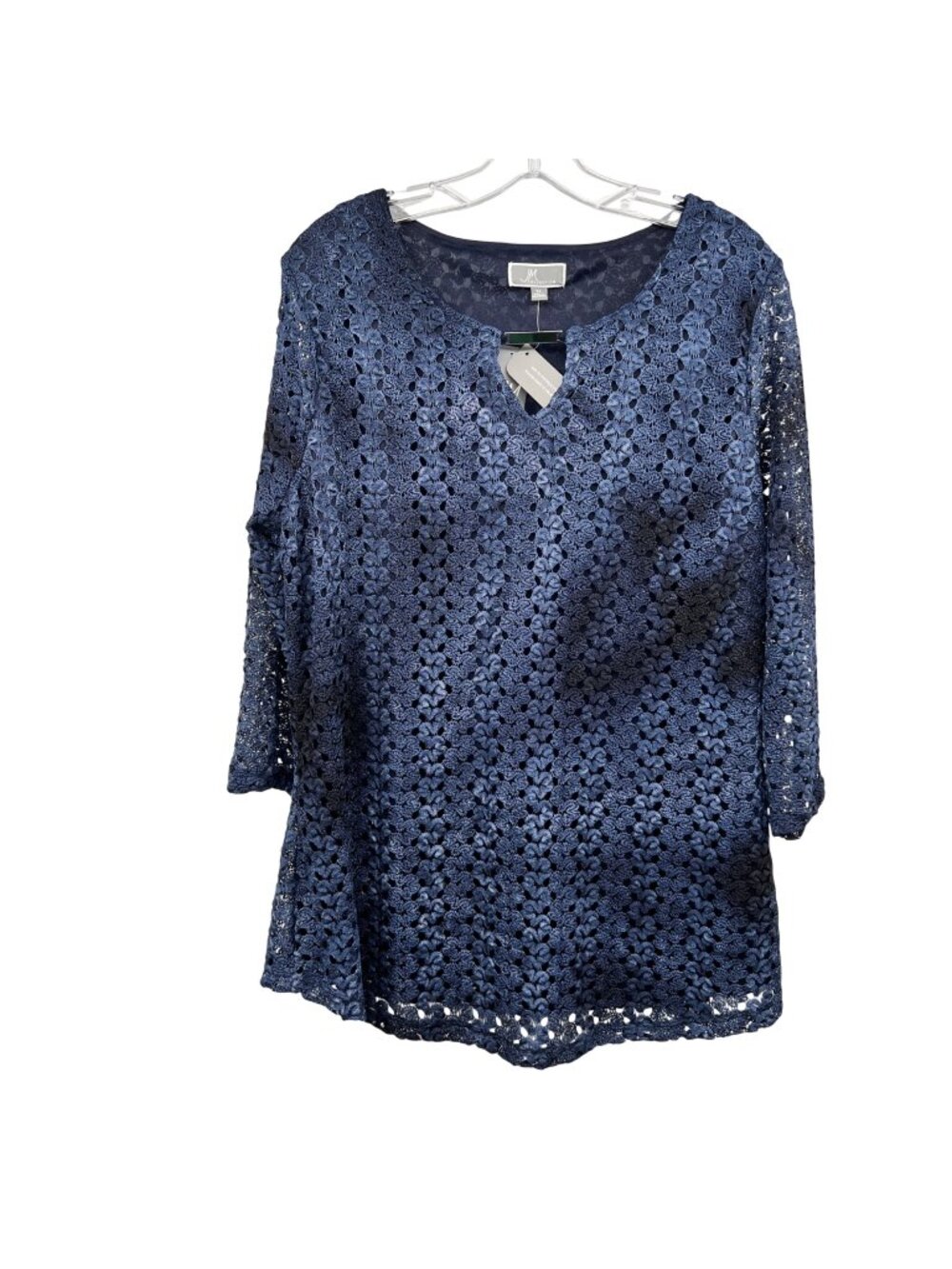JM Collection Crochet Overlay Top 3/4 Sleeve Navy Womens Size XL New